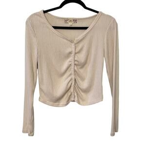 Pink Republic Cream Long Sleeve Crop Top Ribbed Rouched L